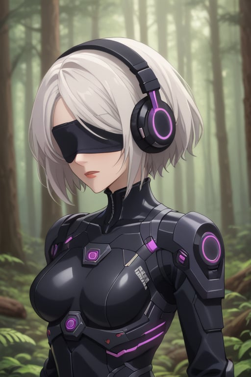 girl, blindfolded, dark headphones, white hair long, , in the forest ,stretched, technological suit purple, plug