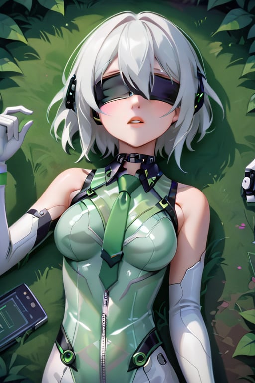 girl Slim, blindfolded, purple tie , dark headphones, white hair long, in the forest ,stretched, lying down, technological suit,sleeveless,green bodysuit,green necktie,belt,ruanyi0530,see-through,zipper,white gloves,bare shoulders,black choker,metallic green color,mechanical parts,android