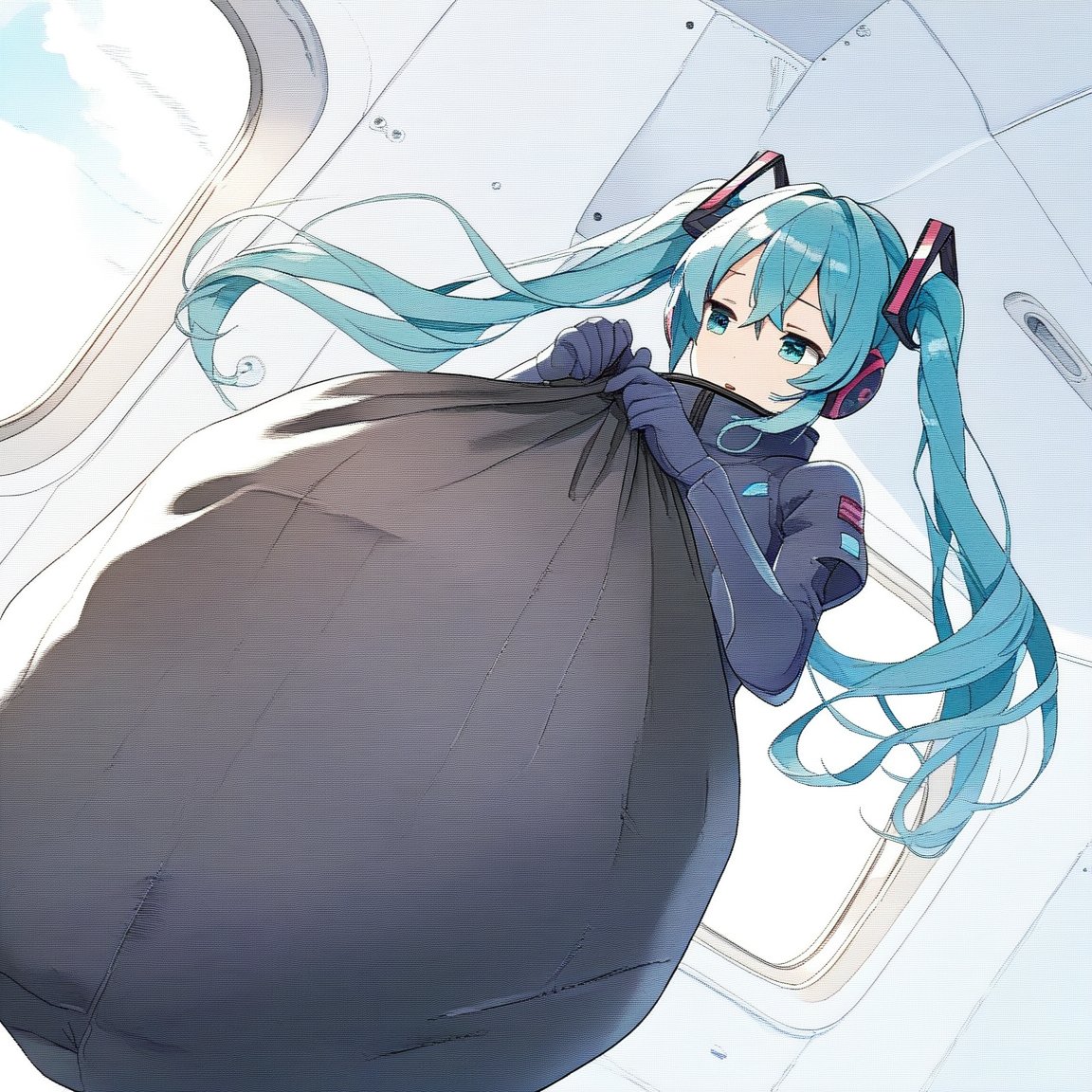 Hatsune Miku,blue plugsuit, black sack,alone, in the plane