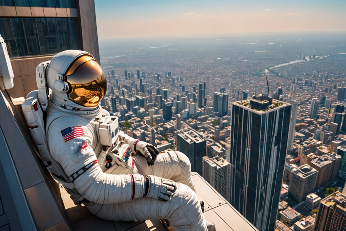 (otherworldly), highly insanely detailed, masterpiece, top quality, best quality, highres, 4k, 8k, RAW photo, (very aesthetic, beautiful and aesthetic),
Under the blazing sun, a GIANT astronaut, heighs 50m,  sits casually on Skyscraper, gazing towards the moon in the sky above. Below, people continue their daily activities, seemingly unaware of the monumental scene unfolding above them.