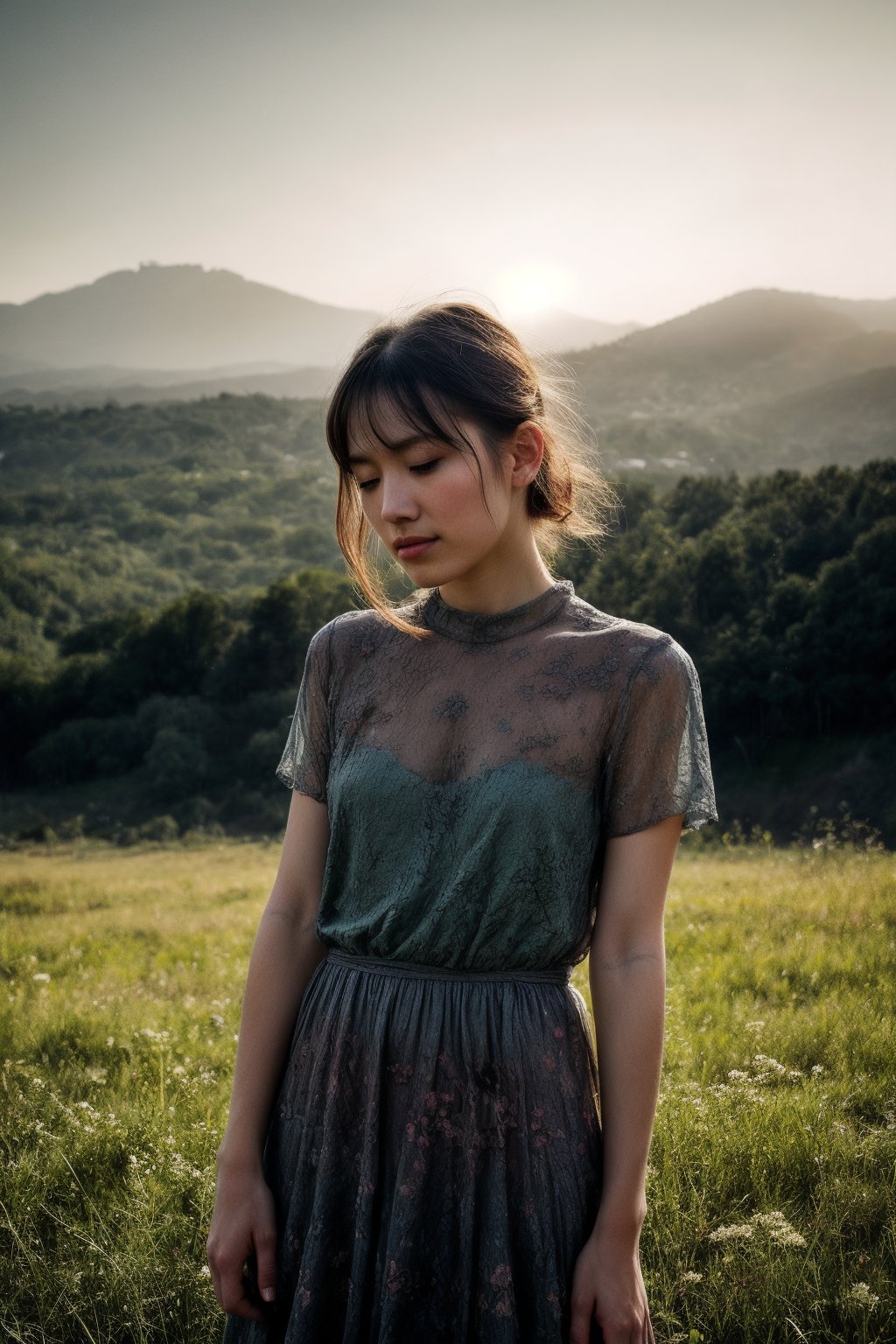 A beautiful young Russian mix Japanese girl, see through flower dress, colorful, darl background,flower armor,green theme,exposure blend, medium shot, bokeh, (hdr:1.4), high contrast, (cinematic, teal and orange:0.85), (muted colors, dim colors, soothing tones:1.3), low saturation,realistic,SD 1.5