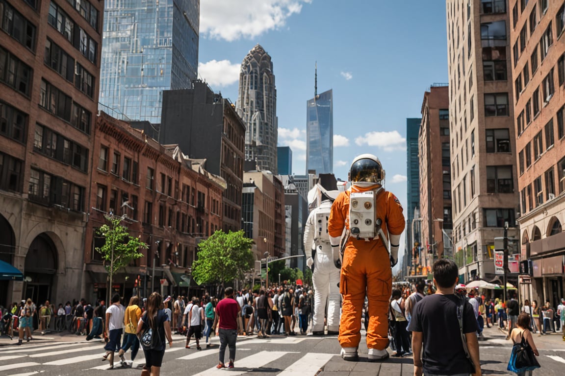 (otherworldly), highly insanely detailed, masterpiece, top quality, best quality, highres, 4k, 8k, RAW photo, (very aesthetic, beautiful and aesthetic),
Under the blazing sun, a giant astronaut stands as tall as a skyscraper, gazing towards the moon in the sky. Below, people bustle about, seemingly unaware of the giant's presence towering over them, akin to a monumental building in the skyline.