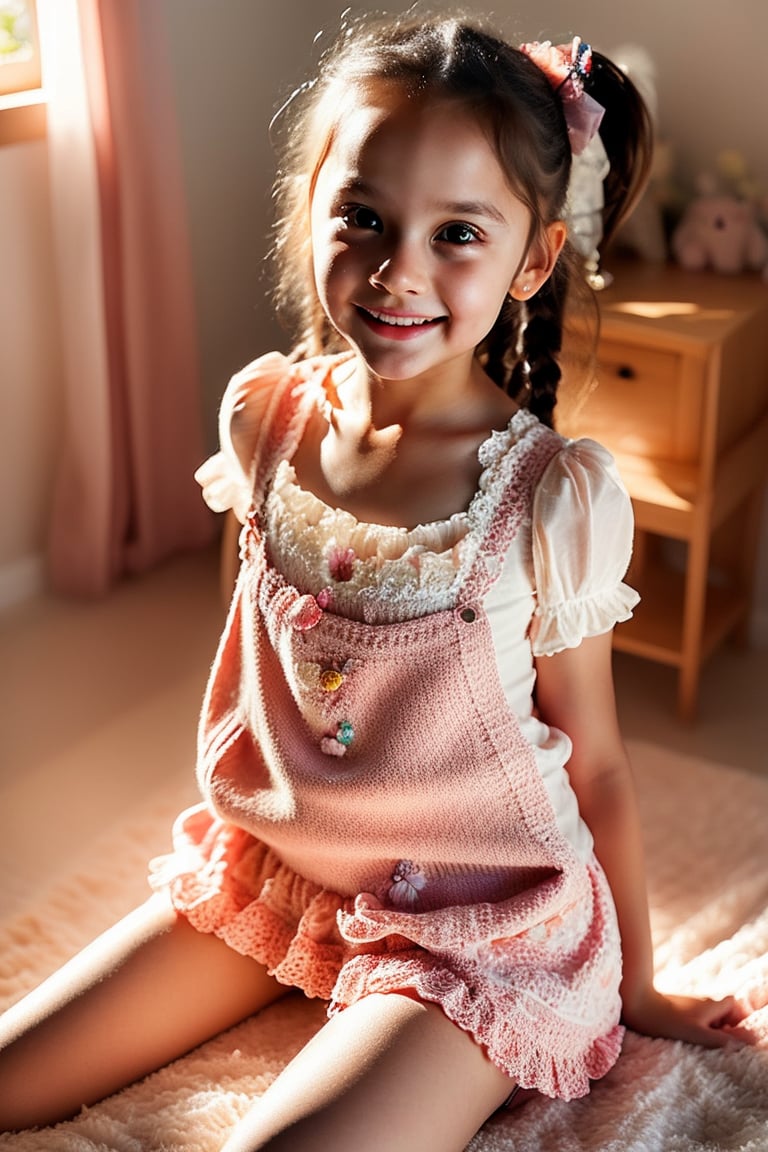 The image is a piece of digital artwork depicting a young girl in a playful pose. It's designed to evoke a sense of innocence and curiosity, with the girl's attire and the surrounding environment suggesting a setting that is both domestic and whimsical. The artwork is likely created to appeal to viewers' nostalgia or fantasy, using visual cues to suggest a story or emotion without direct representation.