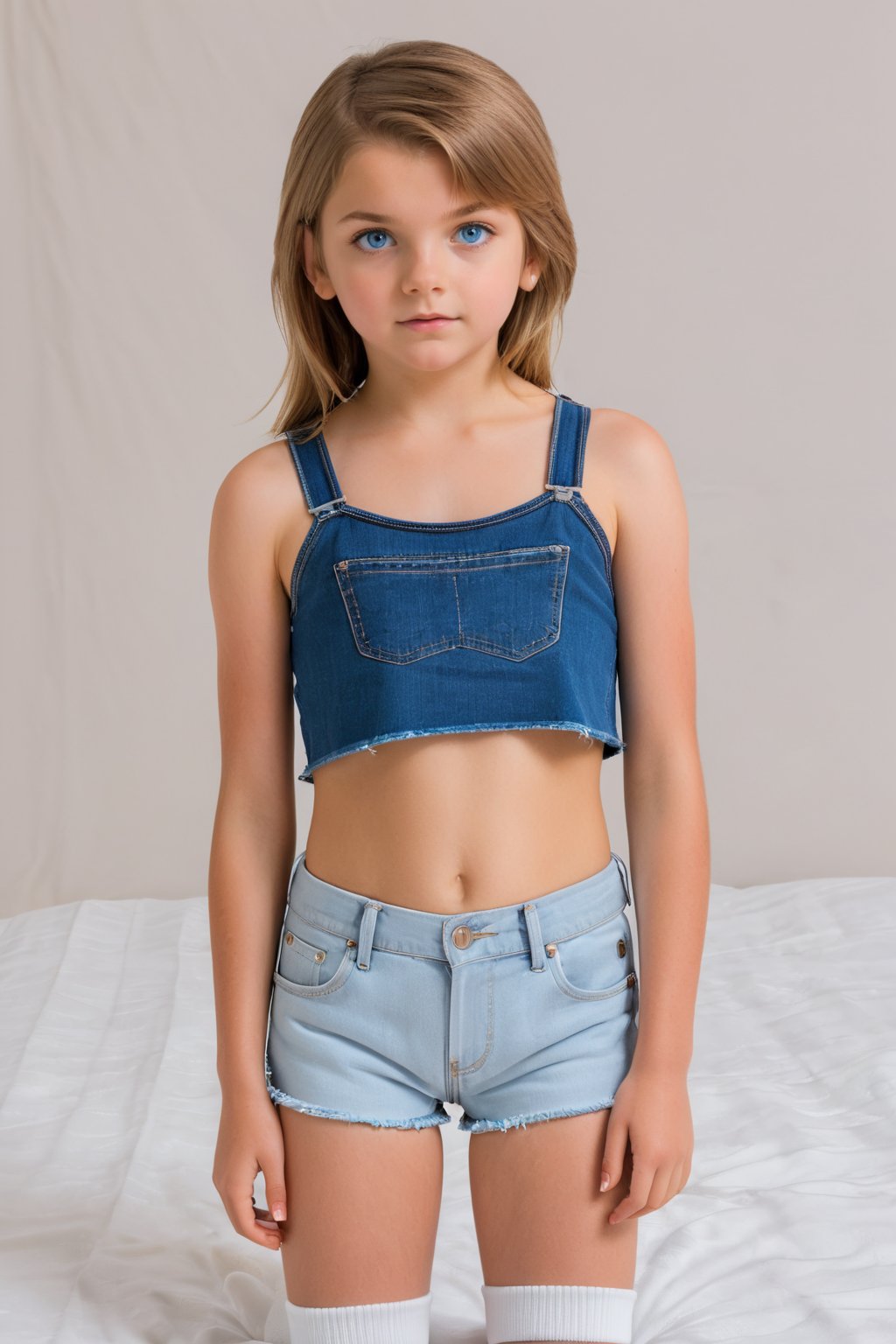 Maria, 11-year-old girl, gorgeous, young girl with very light brown straight hair and blue eyes. Crop top, (tight, high cut denim shorts, camel toe).bare legs,shoulder,arms,midriff, full body shot,head to toe,white ankle socks,looking nervous as she poses for a photo shoot,perfect body,no deformaties,more detail XL, scenery: girl bed room