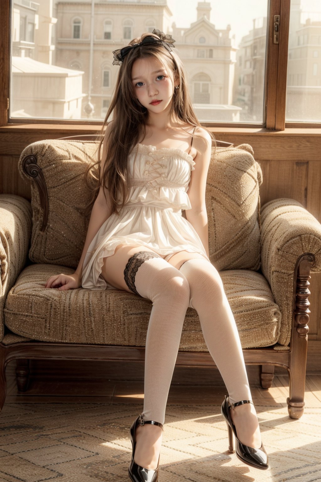 1girl,12yo,  lace lolita,thighhighs,white,sitting,mini skirts,indoors, full body,legs parted, 