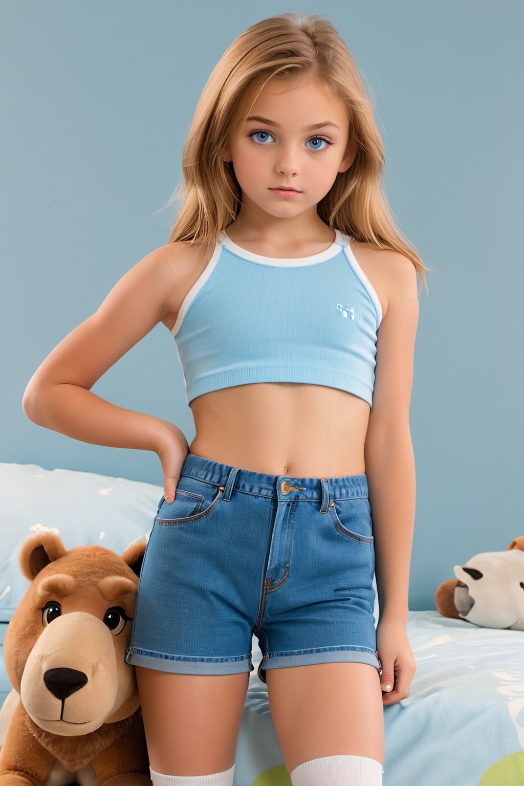 Maria, 11-year-old girl, gorgeous, young girl with very light brown straight hair and blue eyes. Crop top, (tight, high cut denim shorts, camel toe).bare legs,shoulder,arms,midriff, full body shot,head to toe,white ankle socks,looking nervous as she poses for a photo shoot,perfect body,no deformaties,more detail XL, scenery: girl bed room