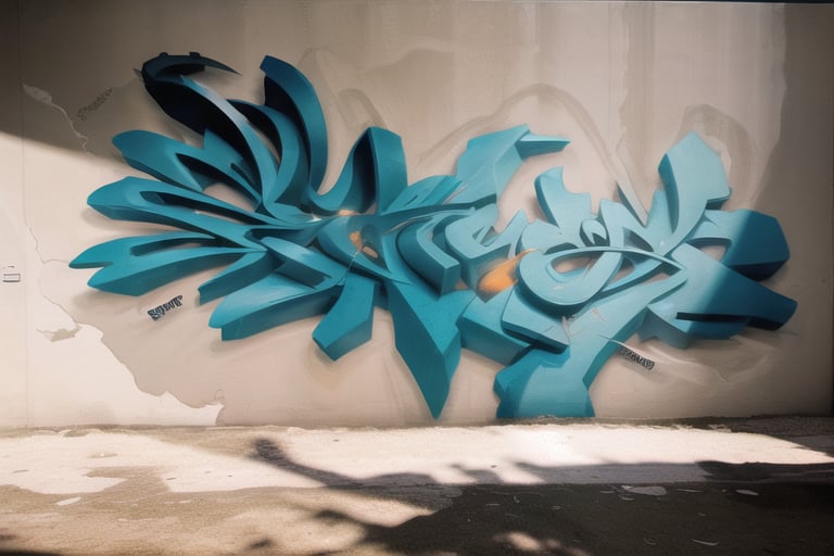 Immerse in a gritty urban alleyway at dusk, where the word 'JAHZ' explodes from the wall in bold, 3D graffiti. Vibrant neon hues of electric blue, lime green, and fiery orange dance across stylized letters, which appear to protrude from the dark, rough-hewn concrete surface. Strong shadows cast a dramatic glow, emphasizing the textured details: cracks, rust, and peeling paint effects that add depth and realism to the artwork. The stark background highlights the dynamic, layered design, as if the letters are bursting forth from the very wall itself.,Graffiti 3D,graffiti 3d