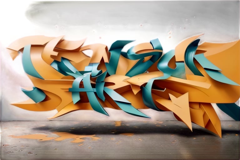 A photorealistic close-up on a textured wall, capturing the intricate details of the word "Tensor Art" in wildstyle graffiti. The neon colors - white, lemon green, blue sky, gray, and black - blend seamlessly, creating an illusion of movement and energy. The perspective distorts the letters, making them appear larger at the bottom. Abstract paint splatters and drips form a dynamic background.,3D,graffiti 3d,Graffiti 3D