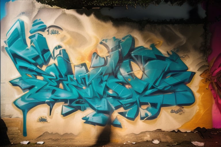 Immerse in a gritty urban alleyway at dusk, where the word 'JAHZ' explodes from the wall in bold, 3D graffiti. Vibrant neon hues of electric blue, lime green, and fiery orange dance across stylized letters, which appear to protrude from the dark, rough-hewn concrete surface. Strong shadows cast a dramatic glow, emphasizing the textured details: cracks, rust, and peeling paint effects that add depth and realism to the artwork. The stark background highlights the dynamic, layered design, as if the letters are bursting forth from the very wall itself.,Graffiti 3D,graffiti 3d