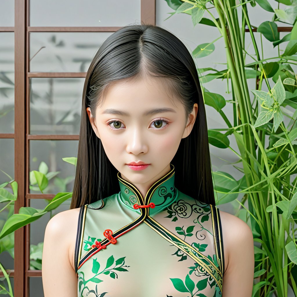 shot of a stunning young Chinese lady. She is dressed in a sheer jade green silk cheongsam, with a pair of bla, portrait photography garden