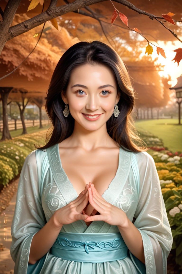 A beautiful young Chinese woman, alone, smiling at the viewer, with black hair, she is wearing a high-end silk Ming Dynasty Hanfu, looking gorgeous and high-end, jewelry, earrings, standing, natural light color, camera lens medium distance, hair fluttering in the breeze, autumn background, garden, dusk, dynamic angle, high definition, realistic facial expressions, exquisite details, slender waist, delicate eyelashes, realistic and delicate hands and fingers, delicate and exquisite face, delicate willow leaf eyebrows, (delicate eyes: 1.3), (perfect hands: 1.5), (medium chest: 1.3)