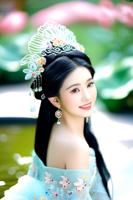 Young Chinese lady, oily and delicate skin, long black hair, big and bright eyes, eyeballs shining like obsidian, clear whites of eyes, deep eyes, thick and long eyelashes, slightly curled, gentle smile, plump figure, gorgeous lace dress with embroidery, extravagant headdress and earrings, lying in the garden, shallow depth of field to blur the background, ensure even light and avoid too many shadows. Evenly illuminate the figure and dress, highlight the texture and details, alone, high definition,