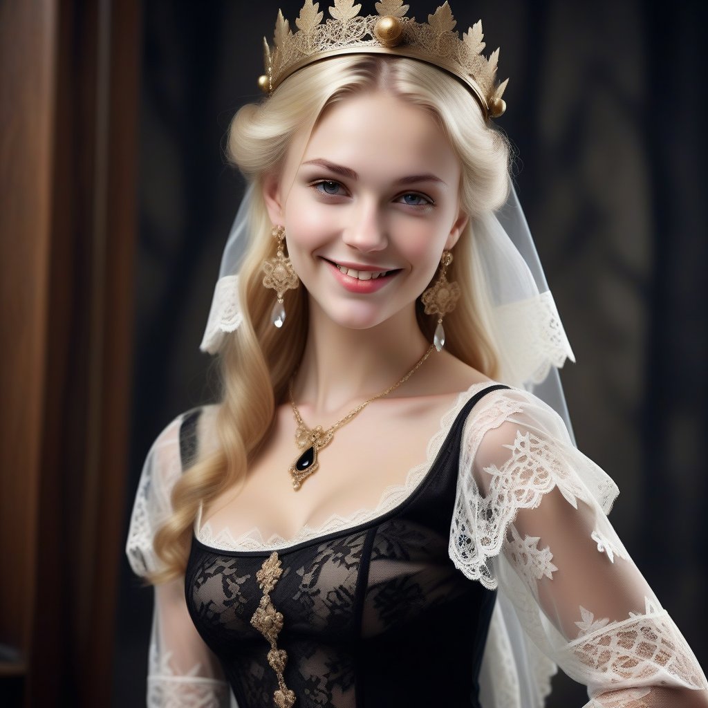 Medieval European noblewoman, blonde, exquisite headdress and earrings, beautiful face, charming smile, wearing a transparent lace dress, black stockings, high heels, noble temperament, perfect figure, focus on showing the noblewoman's beautiful stockings and teak, high-definition picture,,1girl 