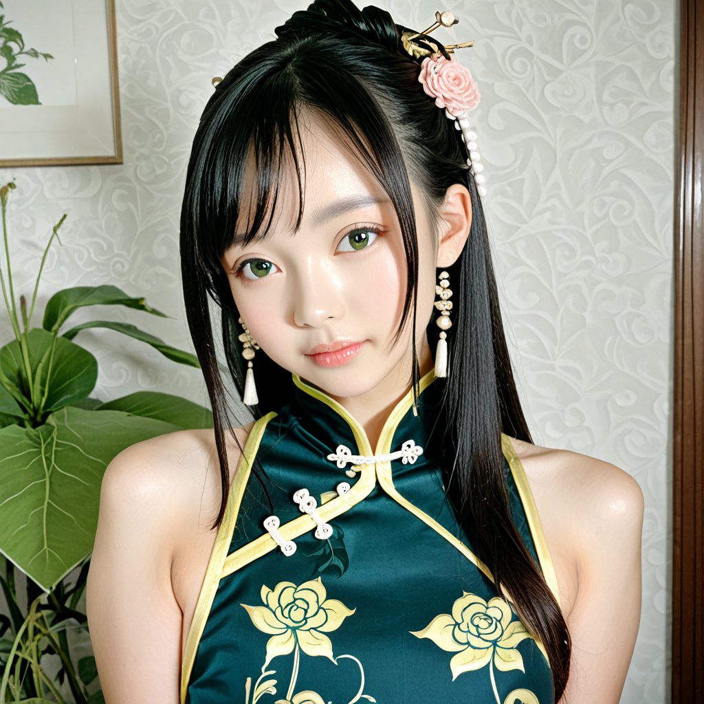 A photo of a young and beautiful Chinese lady. She was wearing a pure jade green silk cheongsam and a pair of black portrait photography gardens