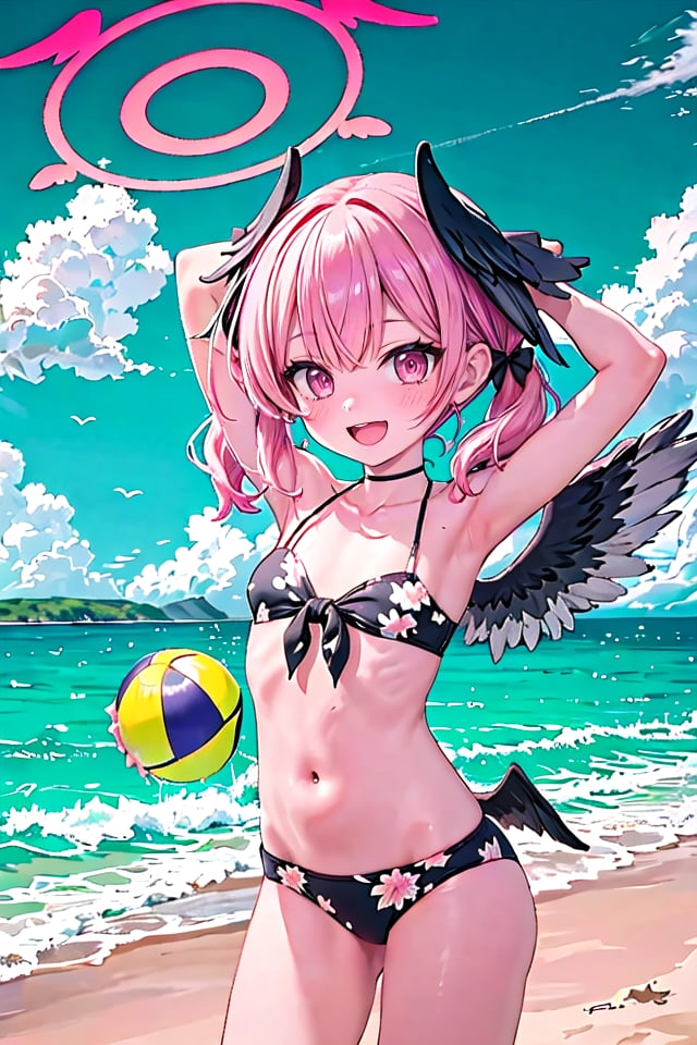 1girl, koharu \(blue archive\), twintails, halo, head wings, hair bow, low wings, floral print bikini, bodypaint, flat chest, holding beachball, cowboy shot,  beach, ocean, smile, open mouth, depth of field