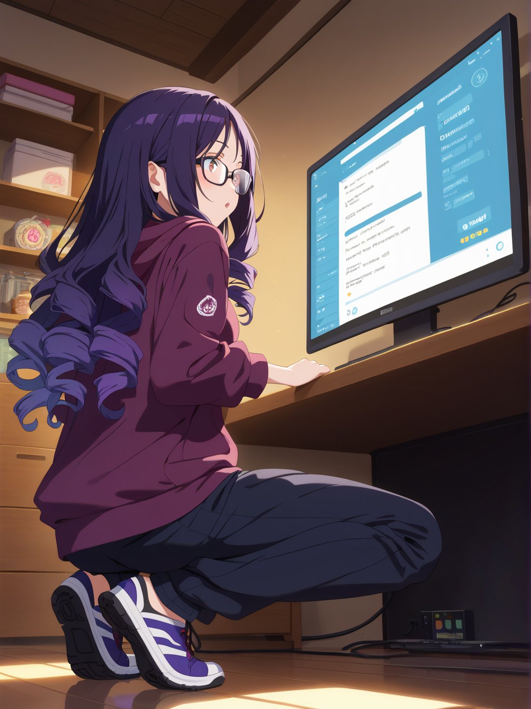 Long hair, perm curly purple hair, large glasses, often seen focused and thoughtful. Casual attire, such as a comfortable hoodie, often paired with sneakers, often slightly messy. Sharp, alert eyes. Pale complexion from long hours indoors. Favors oversized hoodies in dark colors with tech-related designs or slogans. Wears comfortable cargo pants with many pockets. Always has multiple devices like smartwatches or AR glasses. A focused woman demonstrating hacking techniques in a dimly lit tech den filled with computer screens