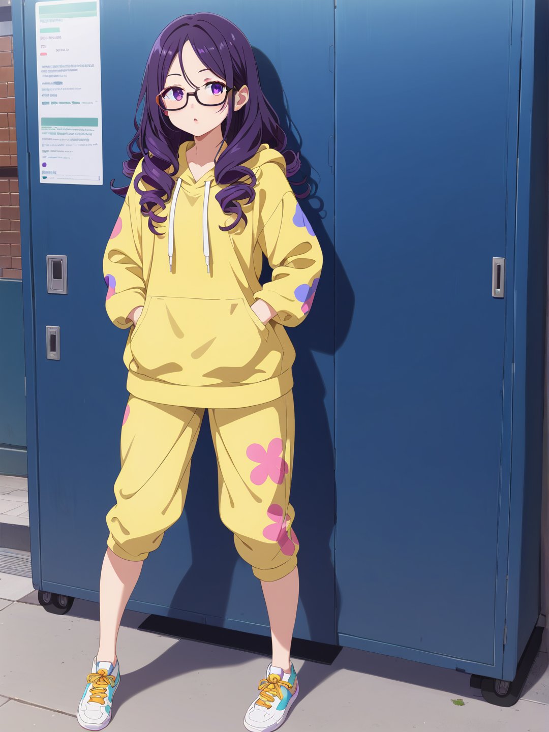 Long hair, purple eye, perm curly purple hair, large glasses, often seen focused and thoughtful. Casual attire, such as a comfortable hoodie, often paired with sneakers, often slightly messy. Sharp, alert eyes. Pale complexion from long hours indoors. Favors oversized hoodies in dark colors with tech-related designs or slogans. Wears comfortable cargo pants with many pockets. Always has multiple devices like smartwatches or AR glasses. A woman giving a public hacking demonstration in a city square with large digital displays