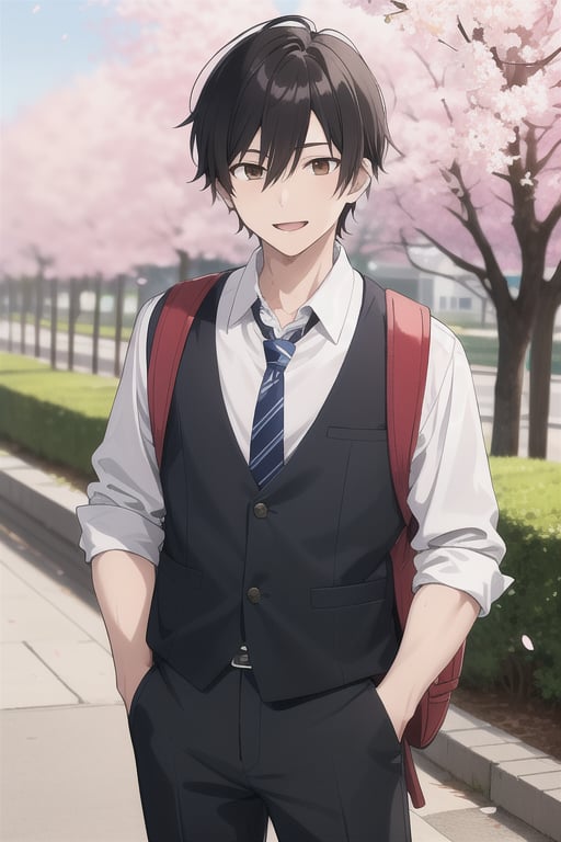 Appearance: Hiroshi is a cheerful first-year student with messy black hair and bright brown eyes. He has a friendly smile and a slightly goofy expression. His casual school uniform includes a white shirt, a dark blazer, and trousers, but without a tie. He often has a backpack slung over one shoulder. Hiroshi's overall look is casual and energetic, reflecting his youthful and adventurous personality.

Pose: Standing with a relaxed posture, one hand in his pocket and the other holding a backpack strap.
Background: A typical Japanese high school setting with cherry blossoms in the background.