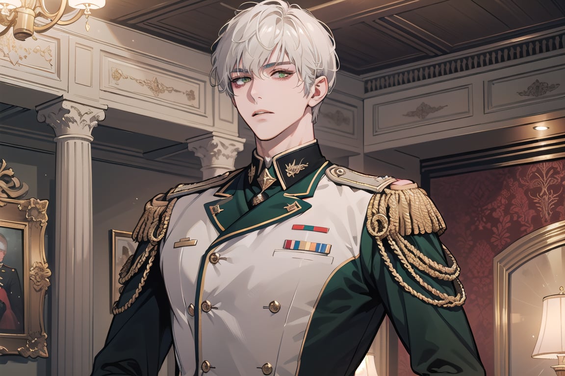 1 man, solo, ((white short hair)), green eyes, mature, ((thin:1.5)),(((slim figure:1.5))), (((narrow shoulders:1.5))), handsome, angular jaw, thick neck, military, soldier, army, (military uniform:1.3), long sleeve, by Raphael, masterpiece, upper body shot, magnificent indoor hall