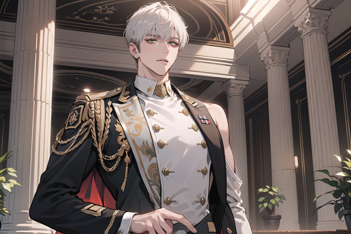 1 man, ((solo focus)), ((white short hair)), green eyes, mature, ((thin:1.5)),(((slim figure:1.5))), (((narrow shoulders:1.5))), side-parting bangs, handsome, angular jaw, thick neck, military, soldier, army, (Three-piece Suit:1.3), long sleeve, by Raphael, masterpiece, upper body shot, magnificent indoor hall