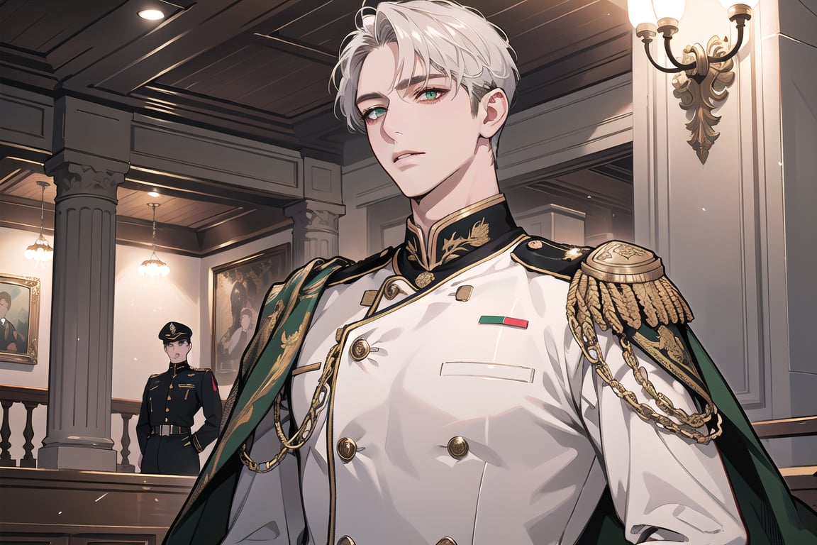 1 man, solo, ((white short hair)), green eyes, mature, ((thin:1.5)),(((slim figure:1.5))), (((narrow shoulders:1.5))), side-parting, handsome, angular jaw, thick neck, military, soldier, army, (military uniform:1.3), long sleeve, by Raphael, masterpiece, upper body shot, magnificent indoor hall