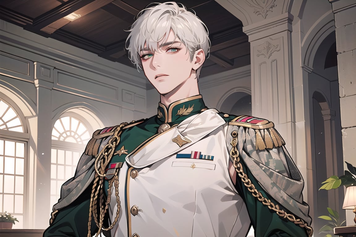 1 man, solo, ((white short hair)), green eyes, mature, ((thin:1.5)),(((slim figure:1.5))), (((narrow shoulders:1.5))), handsome, angular jaw, thick neck, military, soldier, army, (military uniform:1.3), long sleeve, by Raphael, masterpiece, upper body shot, magnificent indoor hall