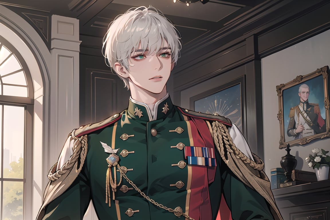 1 man, solo, ((white short hair)), green eyes, mature, ((thin:1.5)),(((slim figure:1.5))), (((narrow shoulders:1.5))), side-parting bangs, handsome, angular jaw, thick neck, military, soldier, army, (military uniform:1.3), long sleeve, by Raphael, masterpiece, upper body shot, magnificent indoor hall