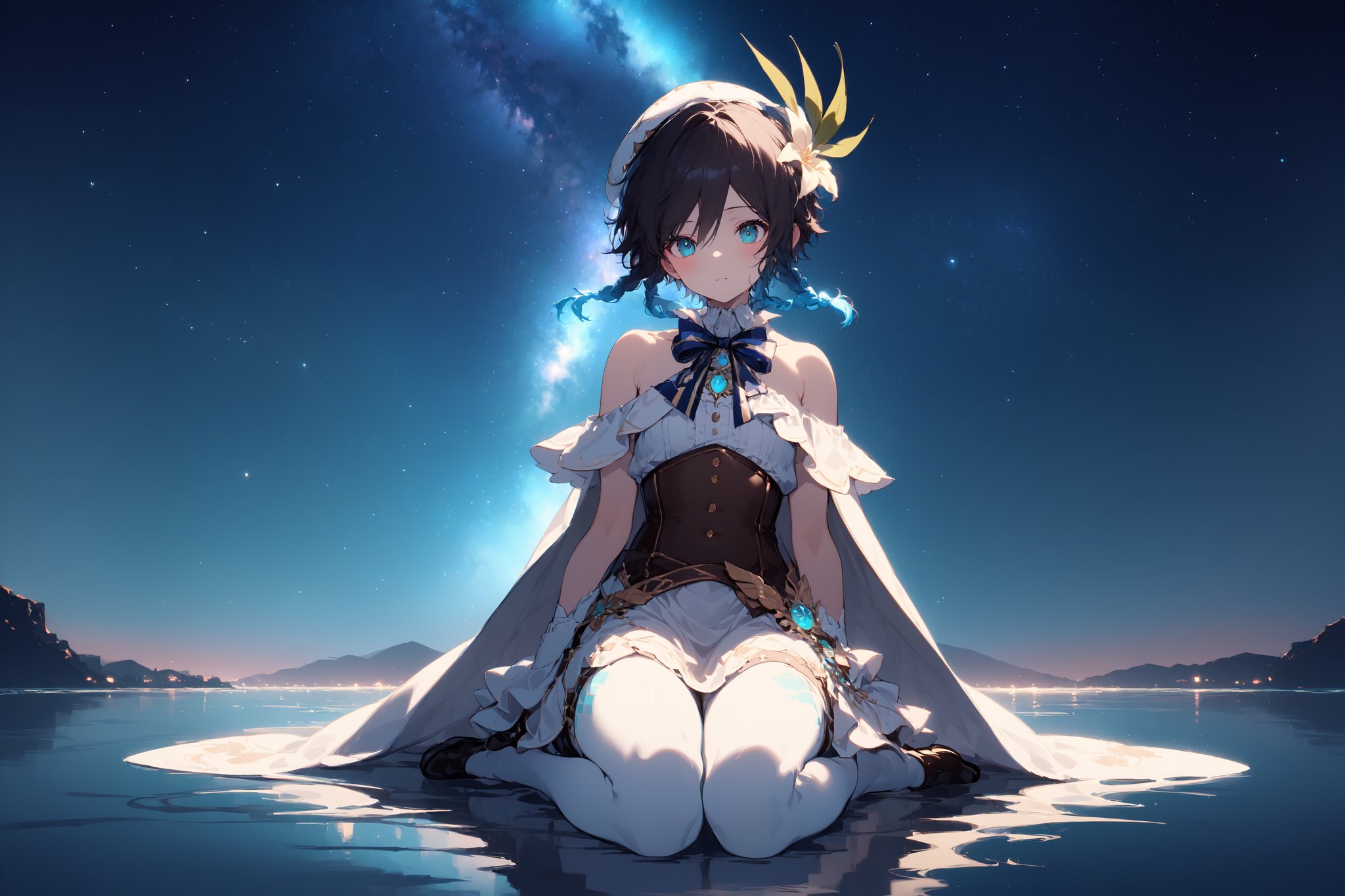 Here is the prompt:

A masterpiece of a photograph, captured with the finest quality (1.2). In the midst of a late night, under a magnificent starry night sky (1.4), a stunning wariza sits elegantly on the water's surface, her posture and movement exuding serenity. Her head tilts slightly, as if looking directly at the viewer, her full body visible against the breathtaking backdrop.

The lighting is soft and subtle, with a shallow depth of field (1.1) that draws attention to Lora Venti's captivating features. The camera angle is a classic cowboy shot - low and wide, emphasizing the subject's majesty. The focus is sharp on Lora, while the background, featuring a stunning nebula against a clear sky, blurs slightly.

Lora wears a breathtaking white dress with bare shoulders and off-shoulder details, adorned with a blue ribbon that adds a touch of whimsy to her overall elegance. Her expression is enigmatic, inviting the viewer to step into her world. Score: 9/10.