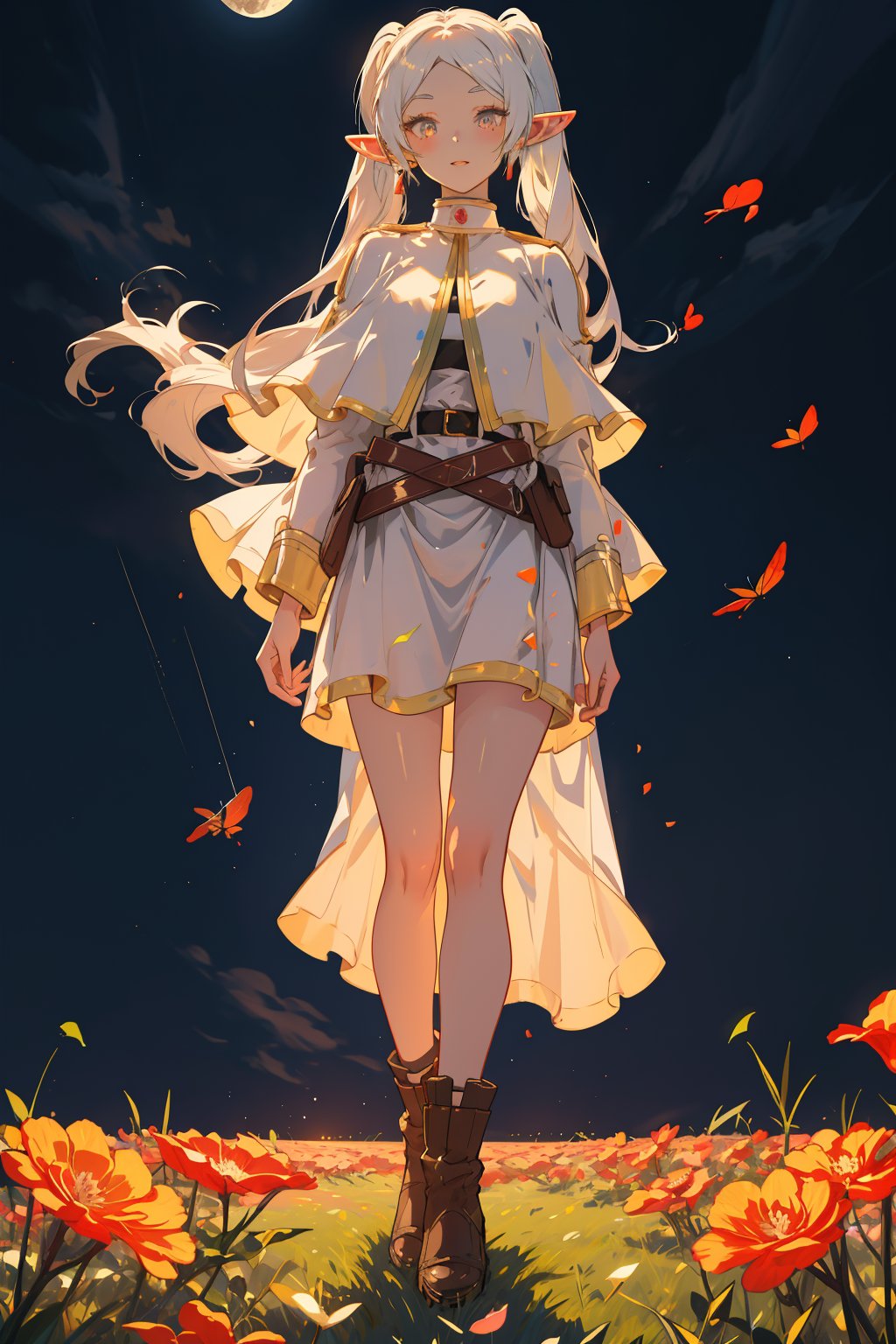 In a breathtakingly beautiful moonlit grassland scene, Florian the elf floats effortlessly in mid-air, surrounded by fluttering petals and flying butterflies. The soft lunar glow illuminates her refined and stunning visage, with long white hair flowing like silk around her, framing her pointed ears. Her slender shoulders are adorned with a flowing white capelet, complemented by a delicate dress and long sleeves. A glittering belt accentuates her slender waist, as parted bangs frame her porcelain complexion. The flower field beneath her is rendered in exquisite detail, with each petal and blade of grass meticulously crafted to create an 8K masterpiece.
full body view,frieren, 1girl, long hair, pointy ears, twintails, jewelry, earrings,poakl