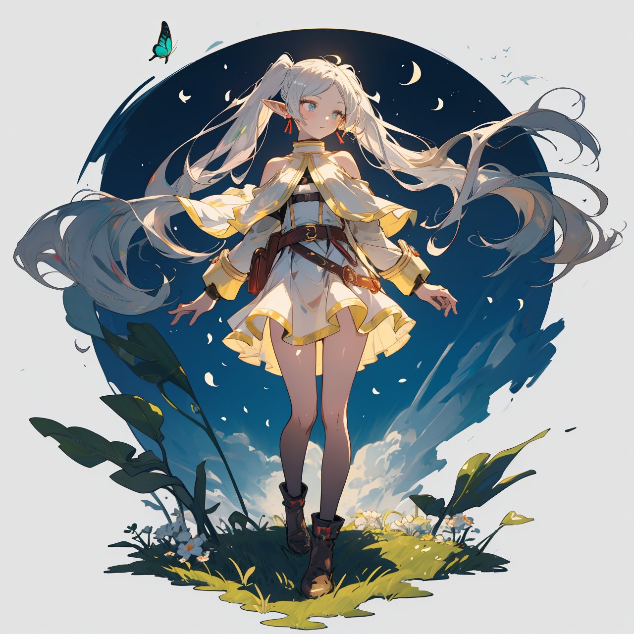 In a breathtakingly beautiful moonlit grassland scene, Florian the elf floats effortlessly in mid-air, surrounded by fluttering petals and flying butterflies. The soft lunar glow illuminates her refined and stunning visage, with long white hair flowing like silk around her, framing her pointed ears. Her slender shoulders are adorned with a flowing white capelet, complemented by a delicate dress and long sleeves. A glittering belt accentuates her slender waist, as parted bangs frame her porcelain complexion. The flower field beneath her is rendered in exquisite detail, with each petal and blade of grass meticulously crafted to create an 8K masterpiece.
full body view,frieren, 1girl, long hair, pointy ears, twintails, jewelry, earrings