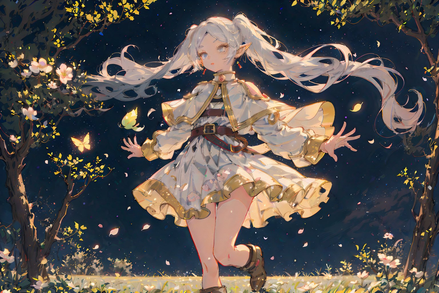 In a breathtakingly beautiful moonlit grassland scene, Florian the elf floats effortlessly in mid-air, surrounded by fluttering petals and flying butterflies. The soft lunar glow illuminates her refined and stunning visage, with long white hair flowing like silk around her, framing her pointed ears. Her slender shoulders are adorned with a flowing white capelet, complemented by a delicate dress and long sleeves. A glittering belt accentuates her slender waist, as parted bangs frame her porcelain complexion. The flower field beneath her is rendered in exquisite detail, with each petal and blade of grass meticulously crafted to create an 8K masterpiece.
full body view,frieren, 1girl, long hair, pointy ears, twintails, jewelry, earrings