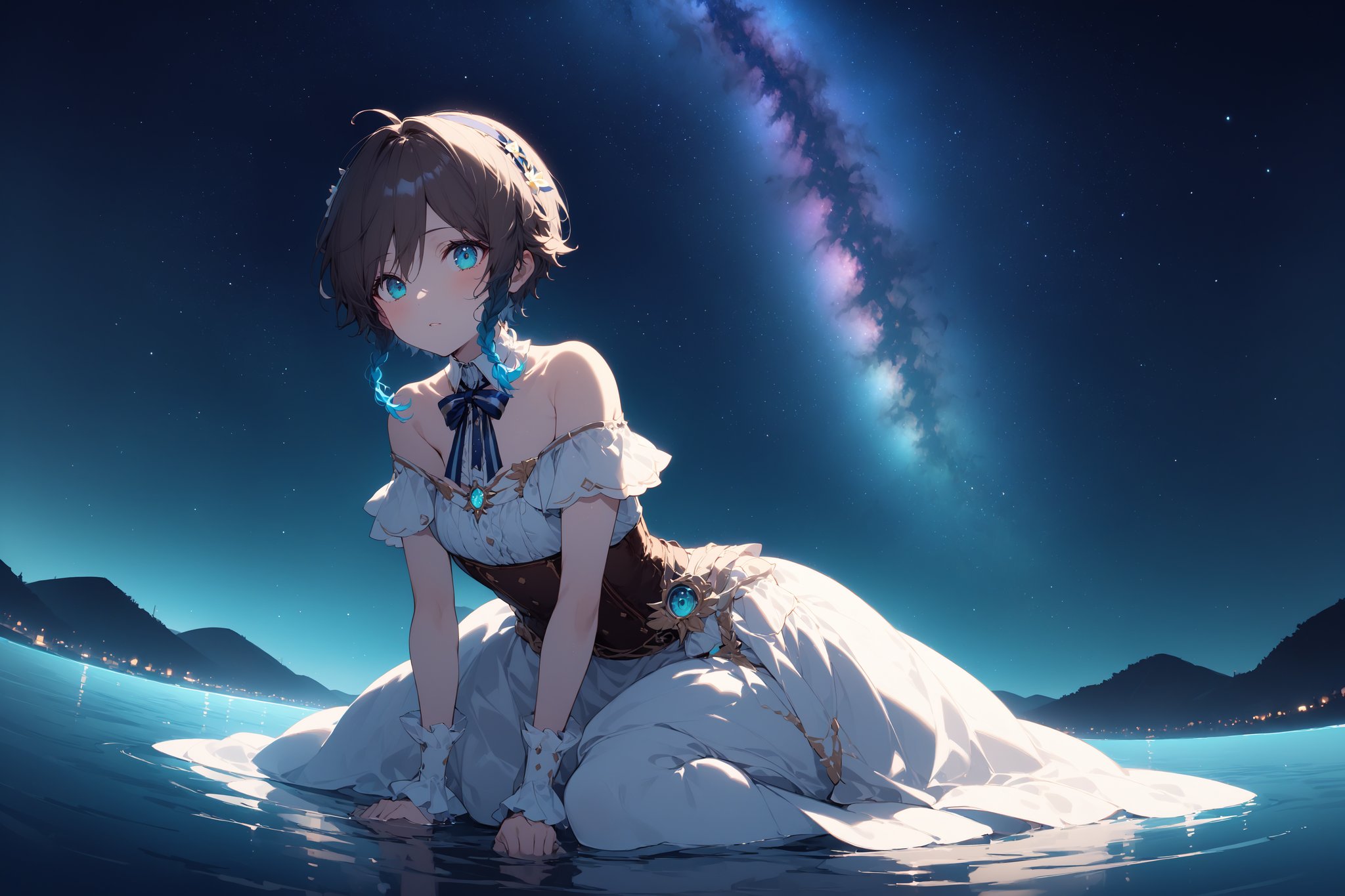 Here is the prompt:

A masterpiece of a photograph, captured with the finest quality (1.2). In the midst of a late night, under a magnificent starry night sky (1.4), a stunning wariza sits elegantly on the water's surface, her posture and movement exuding serenity. Her head tilts slightly, as if looking directly at the viewer, her full body visible against the breathtaking backdrop.

The lighting is soft and subtle, with a shallow depth of field (1.1) that draws attention to Lora Venti's captivating features. The camera angle is a classic cowboy shot - low and wide, emphasizing the subject's majesty. The focus is sharp on Lora, while the background, featuring a stunning nebula against a clear sky, blurs slightly.

Lora wears a breathtaking white dress with bare shoulders and off-shoulder details, adorned with a blue ribbon that adds a touch of whimsy to her overall elegance. Her expression is enigmatic, inviting the viewer to step into her world. Score: 9/10.