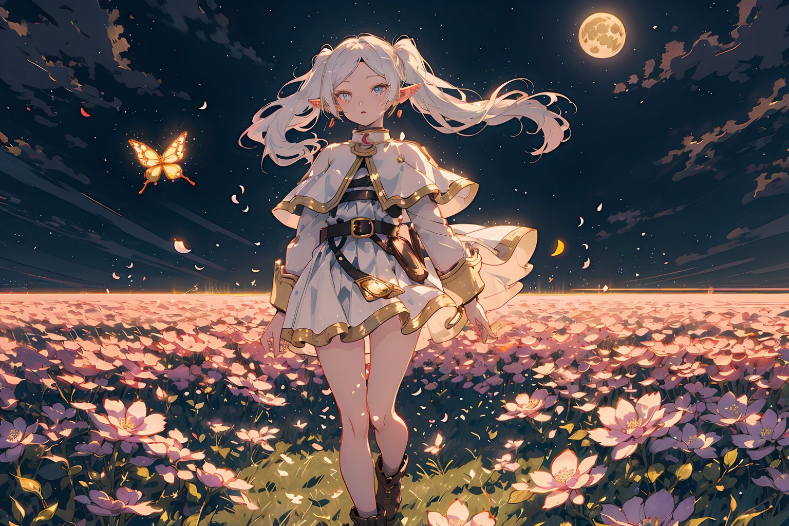 In a breathtakingly beautiful moonlit grassland scene, Florian the elf floats effortlessly in mid-air, surrounded by fluttering petals and flying butterflies. The soft lunar glow illuminates her refined and stunning visage, with long white hair flowing like silk around her, framing her pointed ears. Her slender shoulders are adorned with a flowing white capelet, complemented by a delicate dress and long sleeves. A glittering belt accentuates her slender waist, as parted bangs frame her porcelain complexion. The flower field beneath her is rendered in exquisite detail, with each petal and blade of grass meticulously crafted to create an 8K masterpiece.
full body view,frieren, 1girl, long hair, pointy ears, twintails, jewelry, earrings