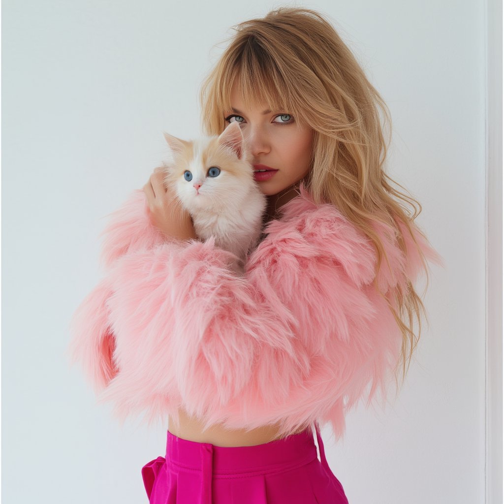 A stunning 25-year-old beauty, wears a pink top, pink furry scraf and fuchsia pants. Posing for photograpgy. The background is white wall. She holds a blue eyed furry angora kitten. Model has  messy  long blonde hair, and very messy bangs, blue eyes. fashion model, art photograpy for magazine. 