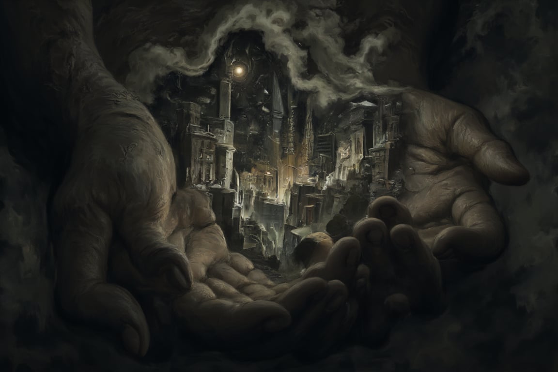 Female arms holds a city. Surreal art style, detailed buildings. Magacity is dark and silent. 