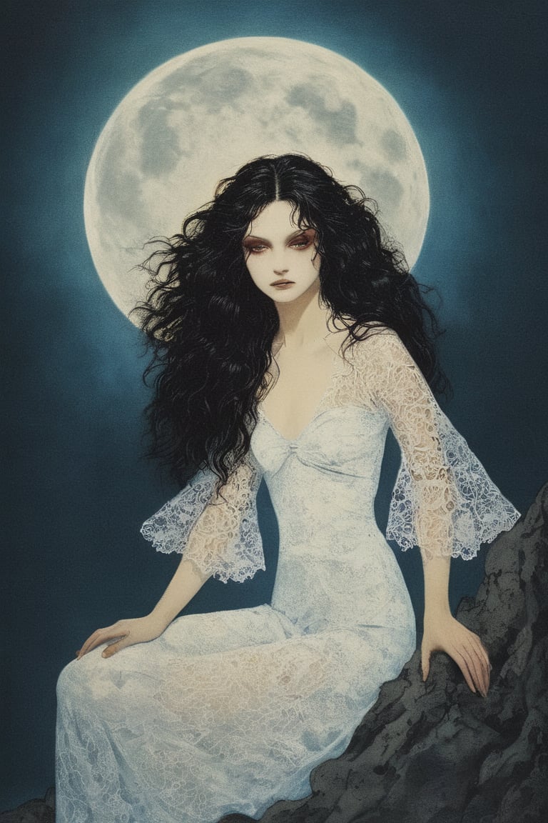 witch holds a full moon.
witch wears a white long lace dress
godness of moon
red eye makeup
silver skin
beautiful lady
the background is dark night
herwavy hair is blue like sea
