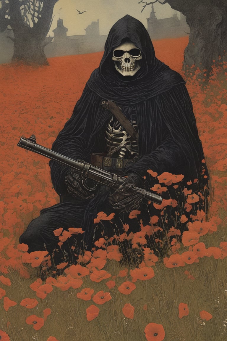 In a haunting medieval-inspired setting, the Grim Reaper stands amidst a backdrop of vibrant poppy flowers and skeletal remains. 
He grips a worn Colt 1873 Single Action Army revolver.
The Reaper's dark, hooded figure is shrouded in mist, as if summoned from the shadows themselves.