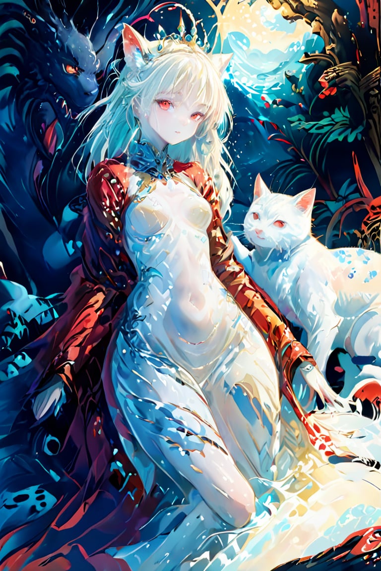 queen of cats holds a big cat
full body shot
she has wide red eyes.
pale skin
deatiled and vertical beautiful art
