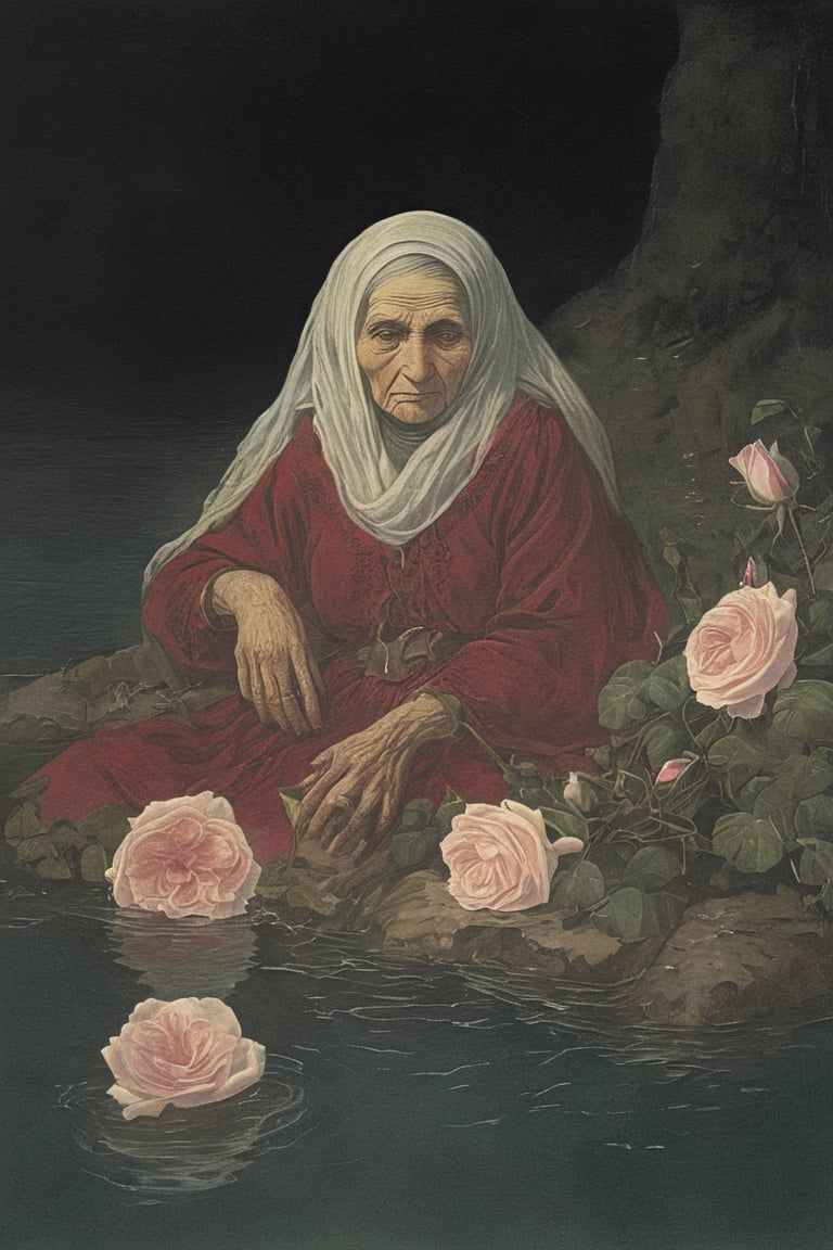 old woman, she is noble. 
she is in river.
her eyes are bangaged.
she holds a roses at night