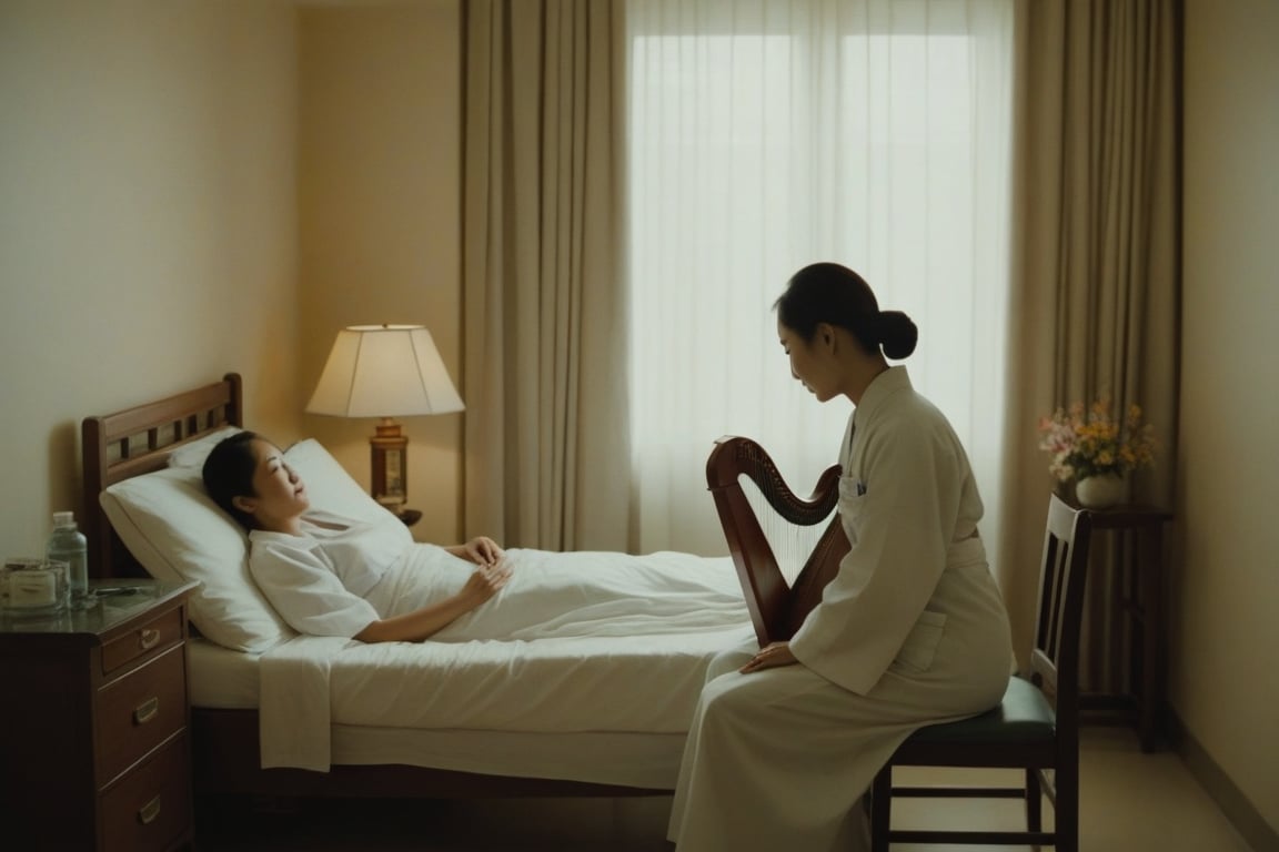 From the top right-hand corner, a serene scene unfolds a hospital room bathed in warm, soft lighting, with a hospital bed at its center. Framed family photographs adorn the walls, a testament to the patient's life. A gentle elderly Chinese lady sits on a rocking chair beside the bed, her eyes closed, a peaceful smile spread across her face. Across from her, a petite young oriental woman in a healthcare uniform plays a lyre harp, filling the air with soothing music. The sunlight streaming through the window at the left casts a warm glow over the pair, creating a cozy atmosphere.