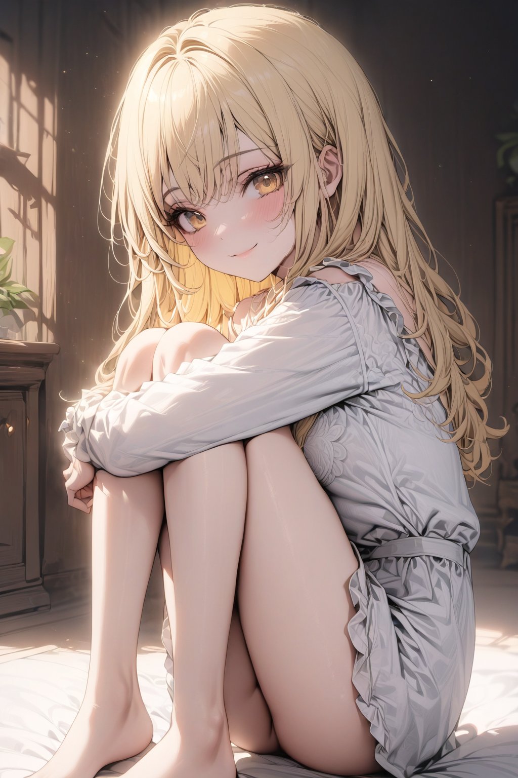 (highest quality:1.4), Best aesthetics, Accurate, (masterpiece:1.4), beautiful detailed face, looking_at_viewer, yellow_hair, legs, full_body, yellow eyes, long_hair, loli, white_blouse, smile, hugging own legs
