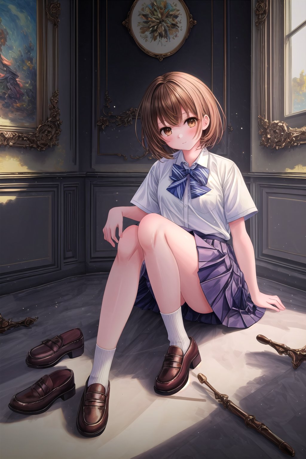 1girls, solo_female, (highest quality:1.4), Best aesthetics, Accurate, (masterpiece:1.4), beautiful detailed face, looking_at_viewer, brown_hair, legs, full_body, brown eyes, big_thighs, school_uniform, short_hair