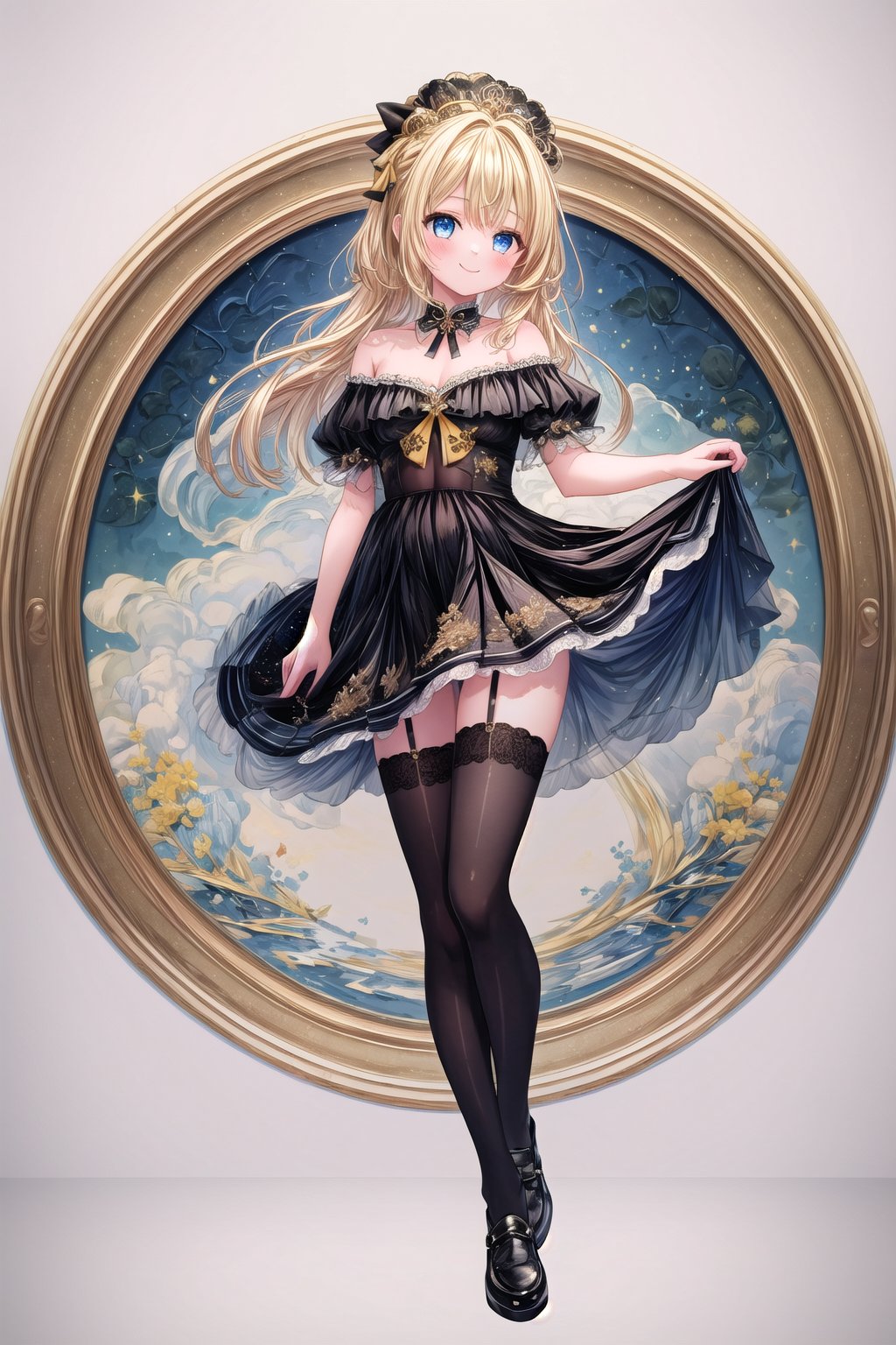 1girls, solo_female, (highest quality:1.4), Best aesthetics, Accurate, (masterpiece:1.4), beautiful detailed face, blue_eyes, smile, looking_at_viewer, yellow_hair, black_dress, short_skirt, legs, off_shoulders, open_navel, full_body, black_stockings