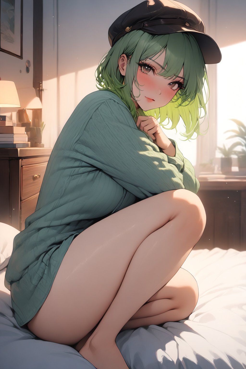 1girls, solo_female, (highest quality:1.4), Best aesthetics, Accurate, (masterpiece:1.4), beautiful detailed face, looking_at_viewer, green_hair, legs, full_body, brown eyes, big_thighs, short_hair, newsboy cap, pajama, horny face, back her arms