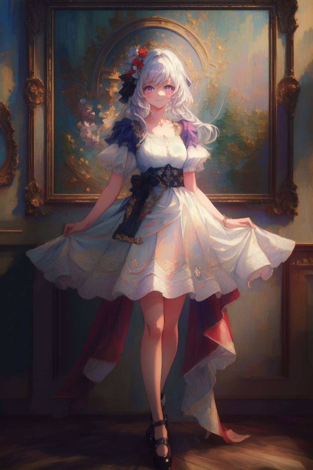 (highest quality:1.4), Best aesthetics, Accurate, (masterpiece:1.4), beautiful detailed face, looking_at_viewer, white_hair, legs, full_body, purple eyes, long_hair, white_dress, smile, Beautiful eyes