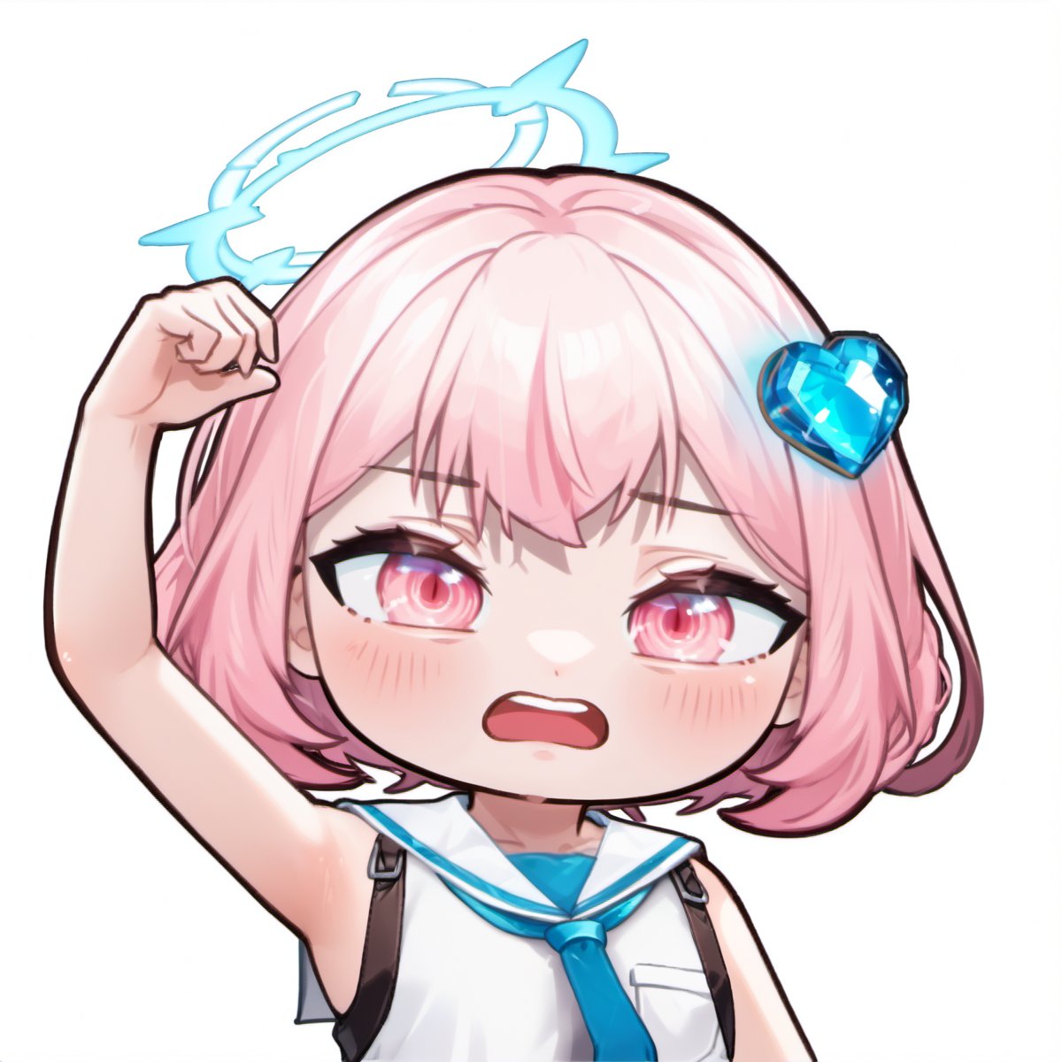 :<, boring , funny , meme , tired , sleepy , confused , pose , Emote , 1girl, solo, blush, short hair, open mouth, bangs, arm up , simple ,  shirt, hair ornament, holding, white shirt, upper body, pink hair, heart, teeth, virtual youtuber, sailor collar, halo, portrait, white sailor collar, heart hair ornament, necktie, sleeveless, chibi  , white background, pink eyes 