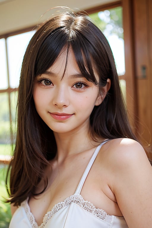 (Best quality, Masterpiece, raw photo, UHD:1.2),lifelike rendering, Photo of Pretty asian female, 1girl, solo, 20-years-old, stunning, portrait, BREAK sexy face, sexy eyes, sweety smile, look at viewer, from front below, white teeth, highly details, (detailed real skin texture), detailed hair, detailed fabric rendering 