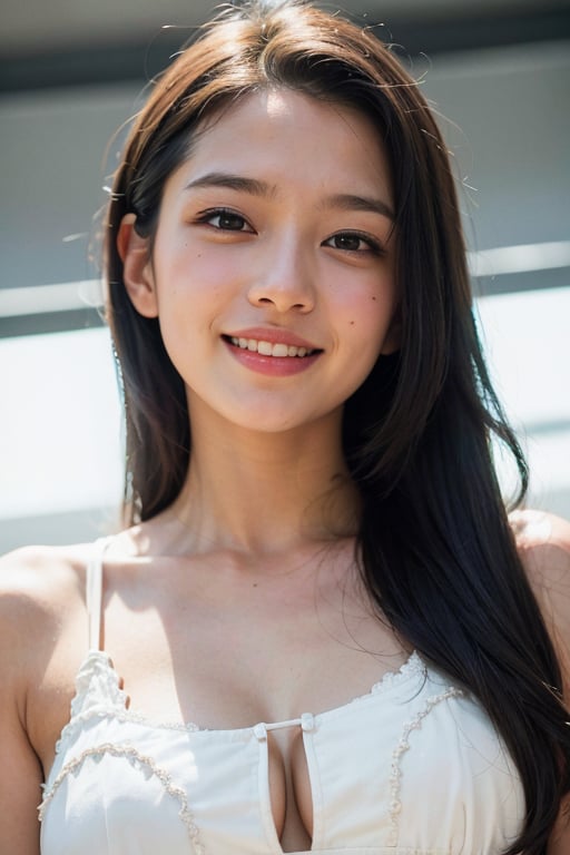 (Best quality, Masterpiece, raw photo, UHD:1.2),lifelike rendering, Photo of Pretty asian female, 1girl, solo, 20-years-old, stunning, portrait, BREAK sexy face, sexy eyes, sweety smile, look at viewer, from front below, white teeth, highly details, (detailed real skin texture), detailed hair, detailed fabric rendering 