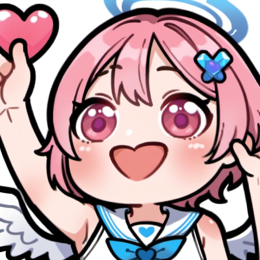 arm up ,  hand up , hello , greeting , wave , happy , open mouth , sexy , hentai ,  Emote , high quality, high res , highly detailed face, white background, chibi , upper body close up , 1girl , solo , cute face , pink hair , blue halo , tensi , angel , pink eyes , cute , chibi , girl , sticker , emote , white background , funny , crystal heart blue hairpin , sleeveless sailor suit , wings , twitch , Blue Archive , short hair , bangs ,