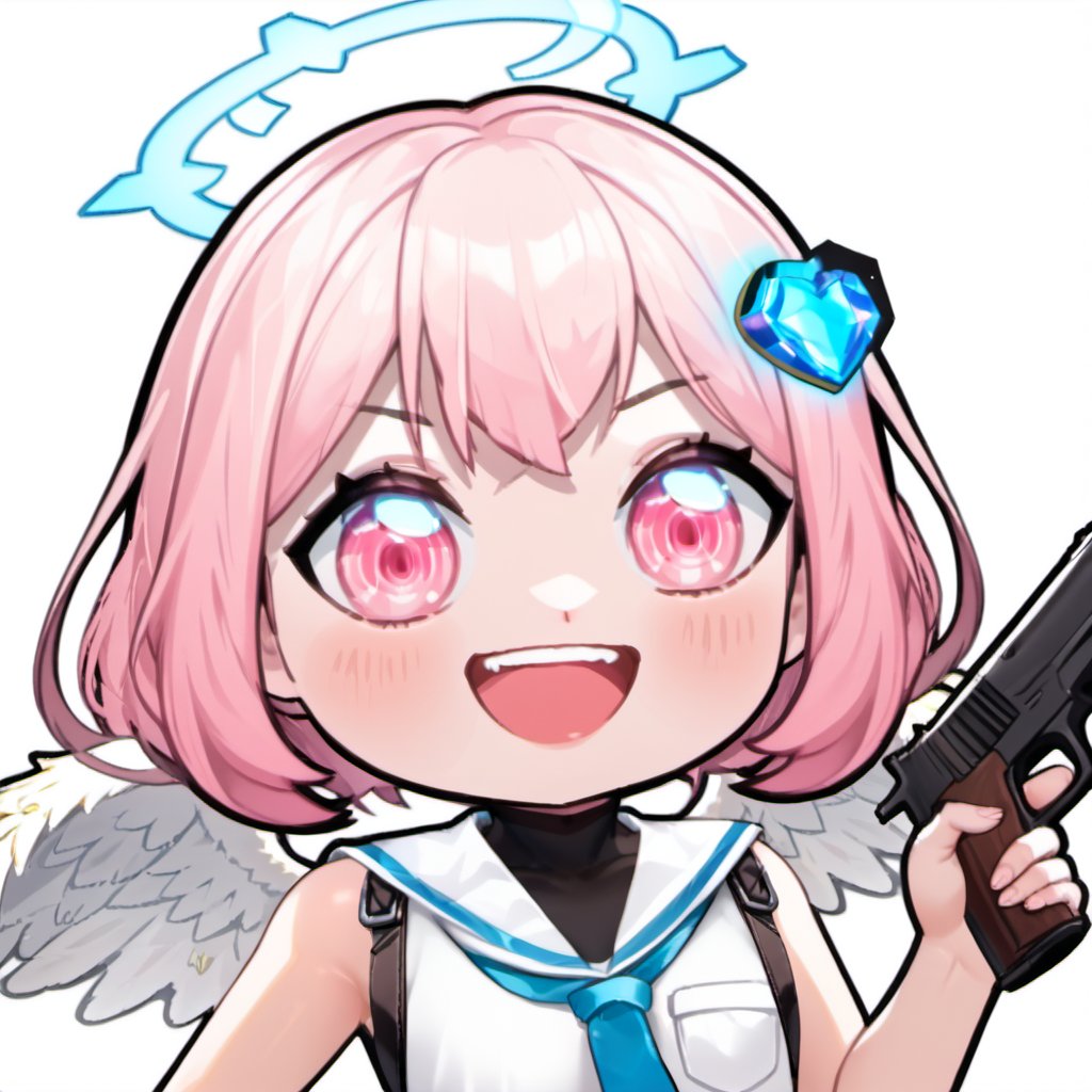 smile , open mouth , yandere , kill , killer , gun , pistol , hold , hand , mad , chibi , emote , 1girl, solo, blush, short hair, bangs, shirt, blue heart hair ornament, upper body, pink hair, wings, necktie, sleeveless, pink eyes, sailor collar,  blue halo,  angel wings, white sailor collar, angel, white background,  simple background, 